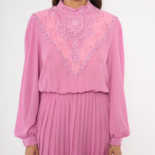 80s Rimini Pink Lace Bib Dress Bishop Sleeve Pleated Skirt Small Medium