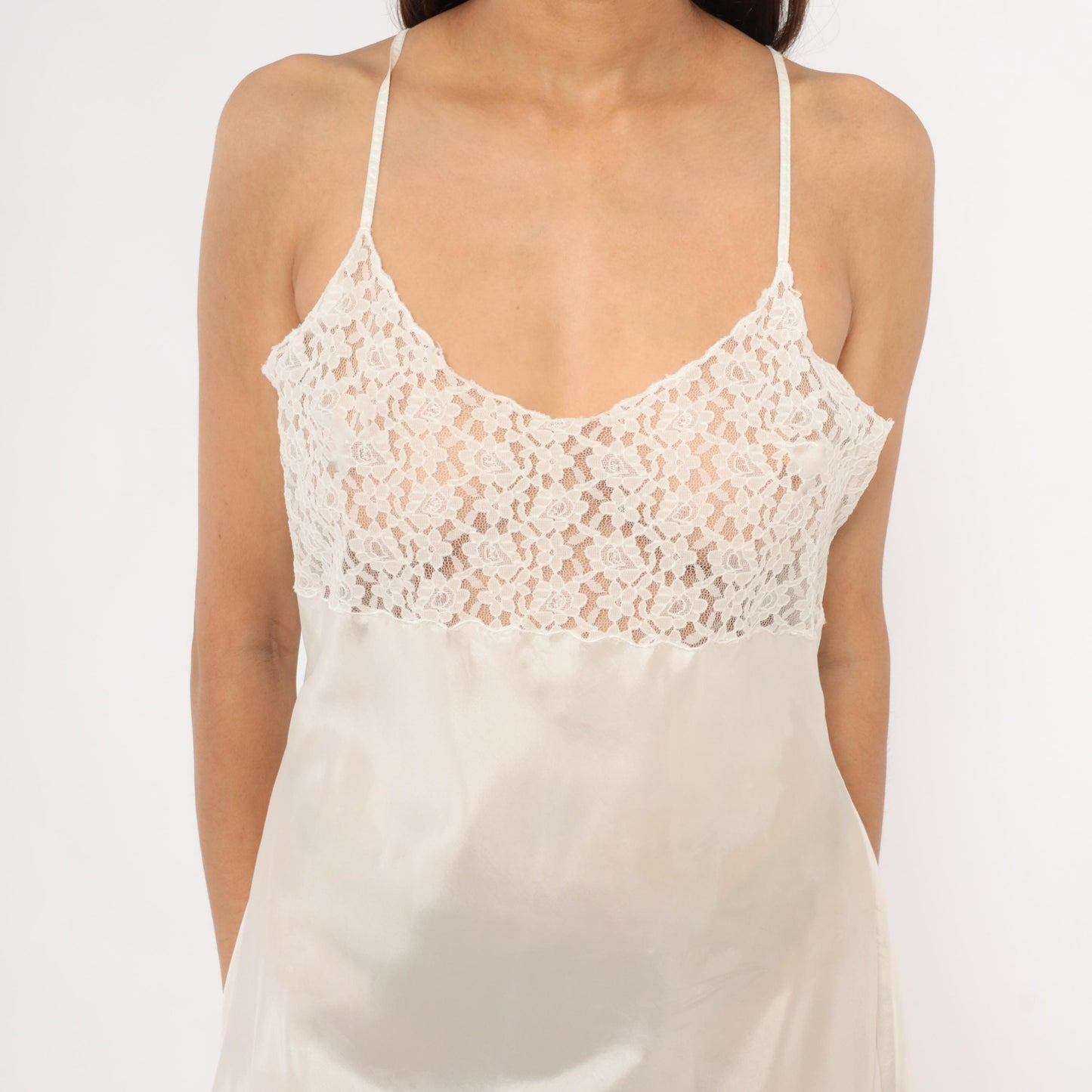 2000s April Cornell White Satin Slip Dress Floral Lace Bodice Knee Length Large L