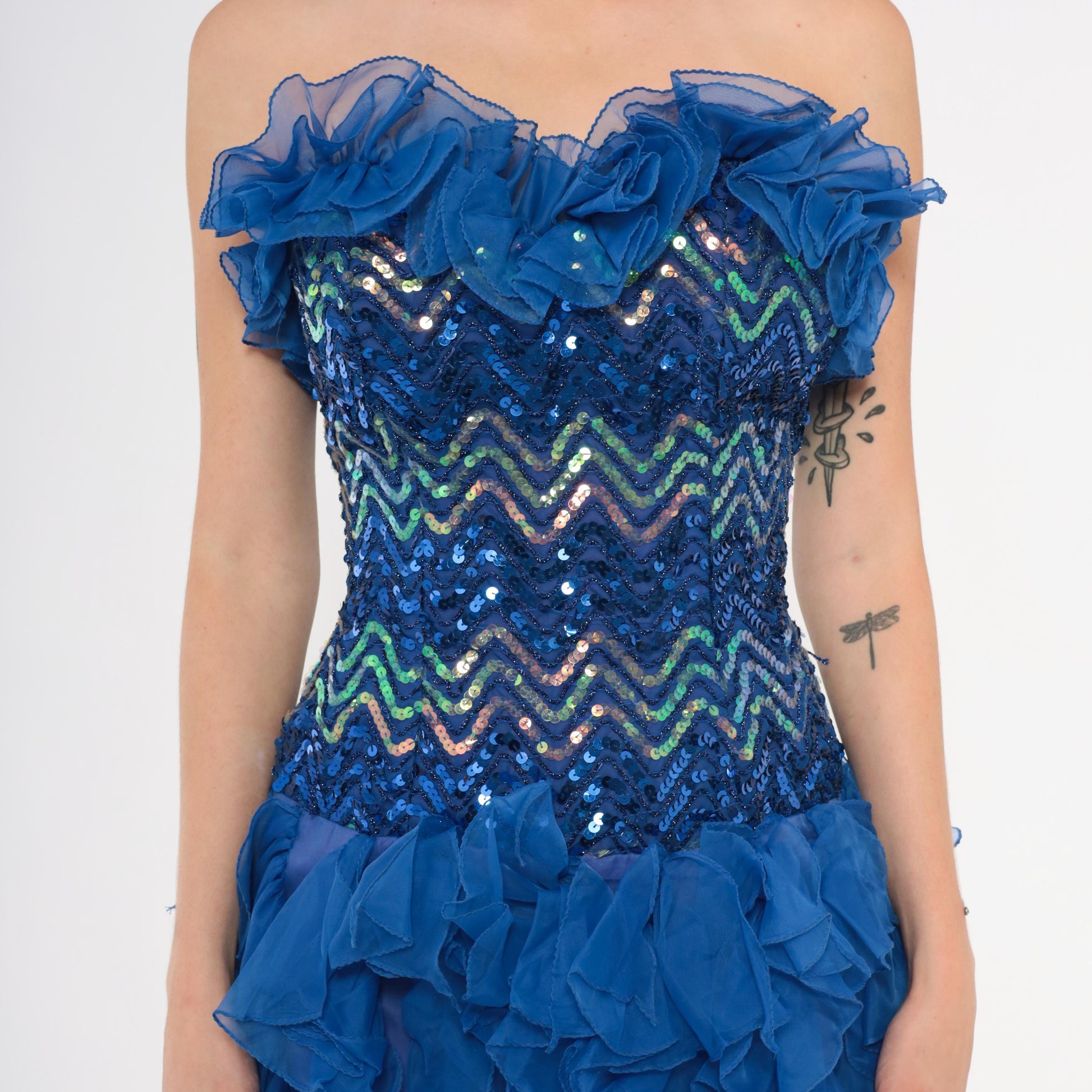 80s Cobalt Sequin Strapless Dress Chevron Sweetheart Corset Ruffle Extra Small XS