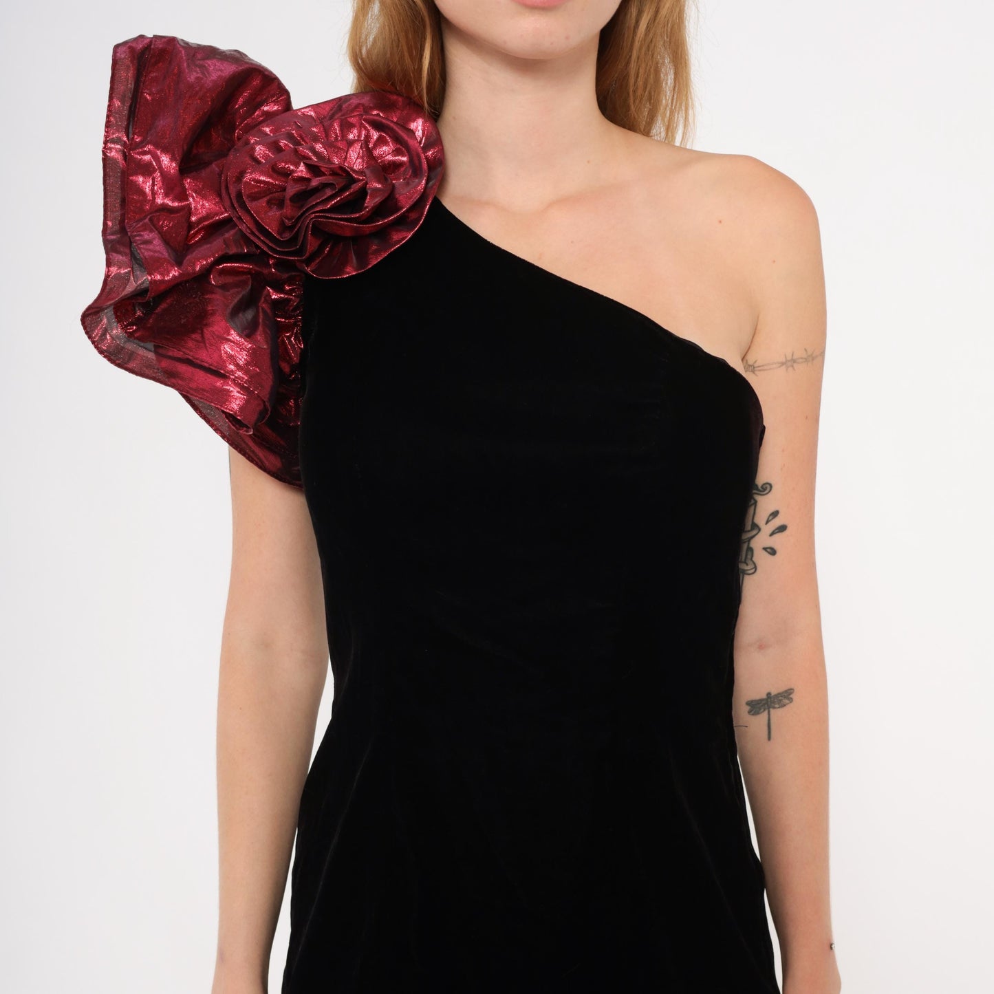 90s ZumZum Black Velvet One-Shoulder Cocktail Dress Burgundy Rosette Small