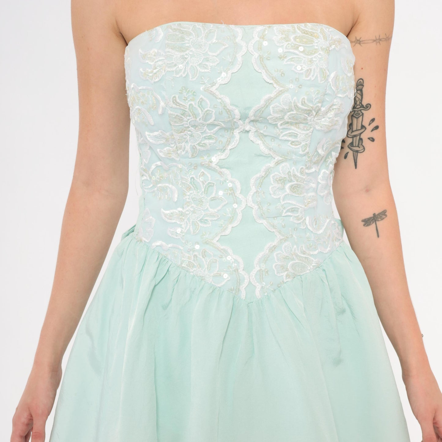 Gunne Sax 80s Mint Strapless Dress Sequin Lace Sweetheart Neckline Knee Length Extra Small XS