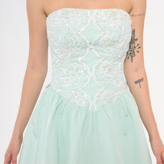 Gunne Sax 80s Mint Strapless Dress Sequin Lace Sweetheart Neckline Knee Length Extra Small XS