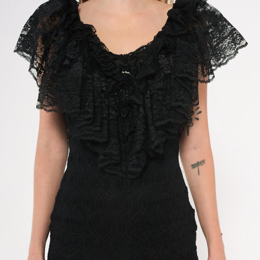 90s Lou Gene's Black Lace Dress Flutter Sleeve Open Back Knee-Length Small S