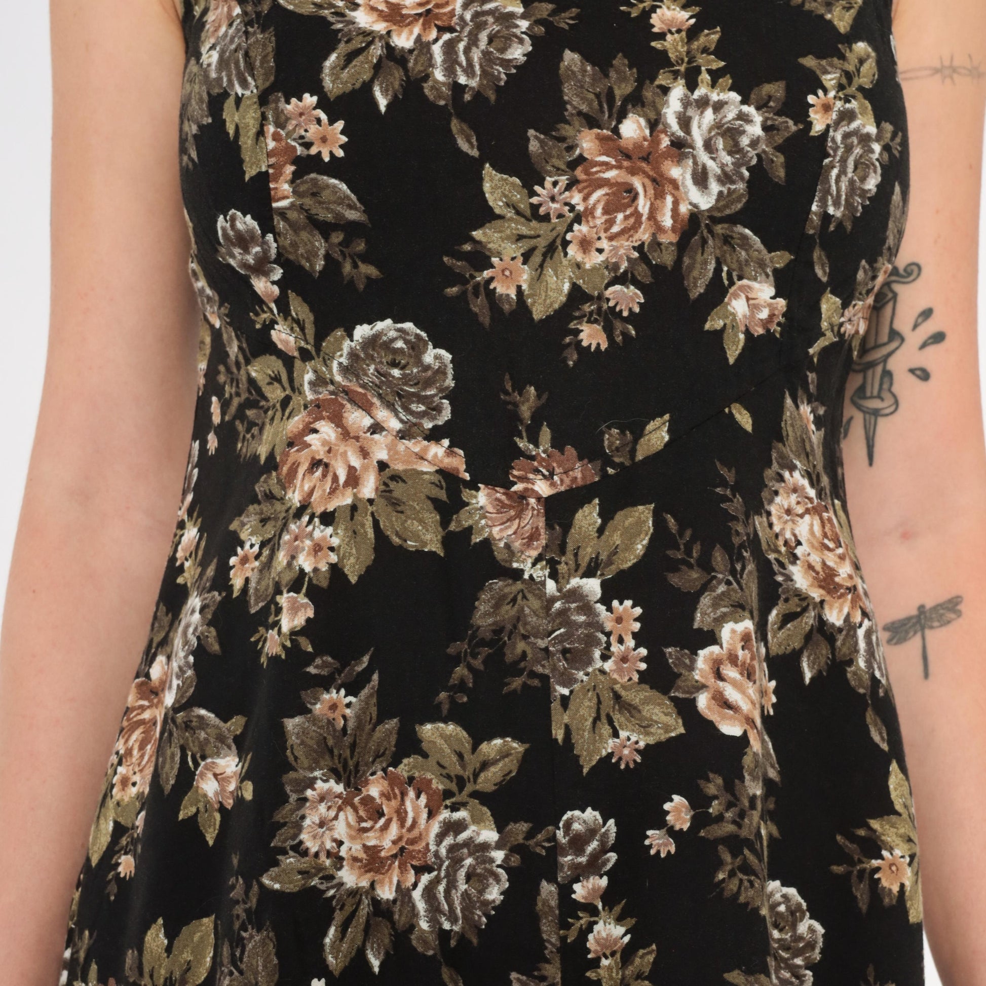 90s All That Jazz Floral Mini Dress Black Rose Print Sleeveless Small S