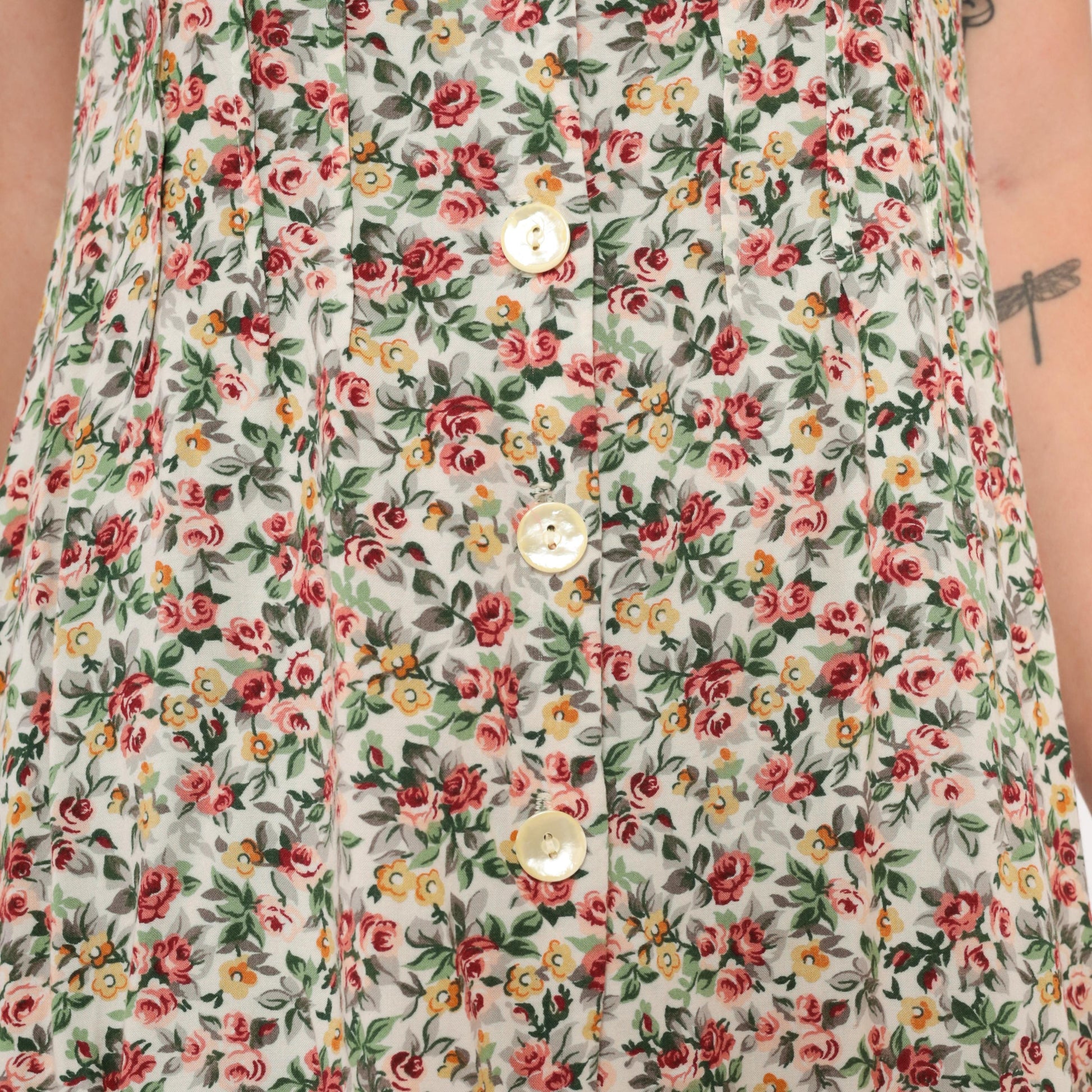 90s ViaMax Floral Mini Dress Button Front Tank Cream Rose Print Small S
