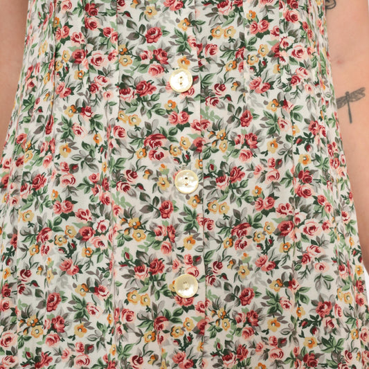 90s ViaMax Floral Mini Dress Button Front Tank Cream Rose Print Small S