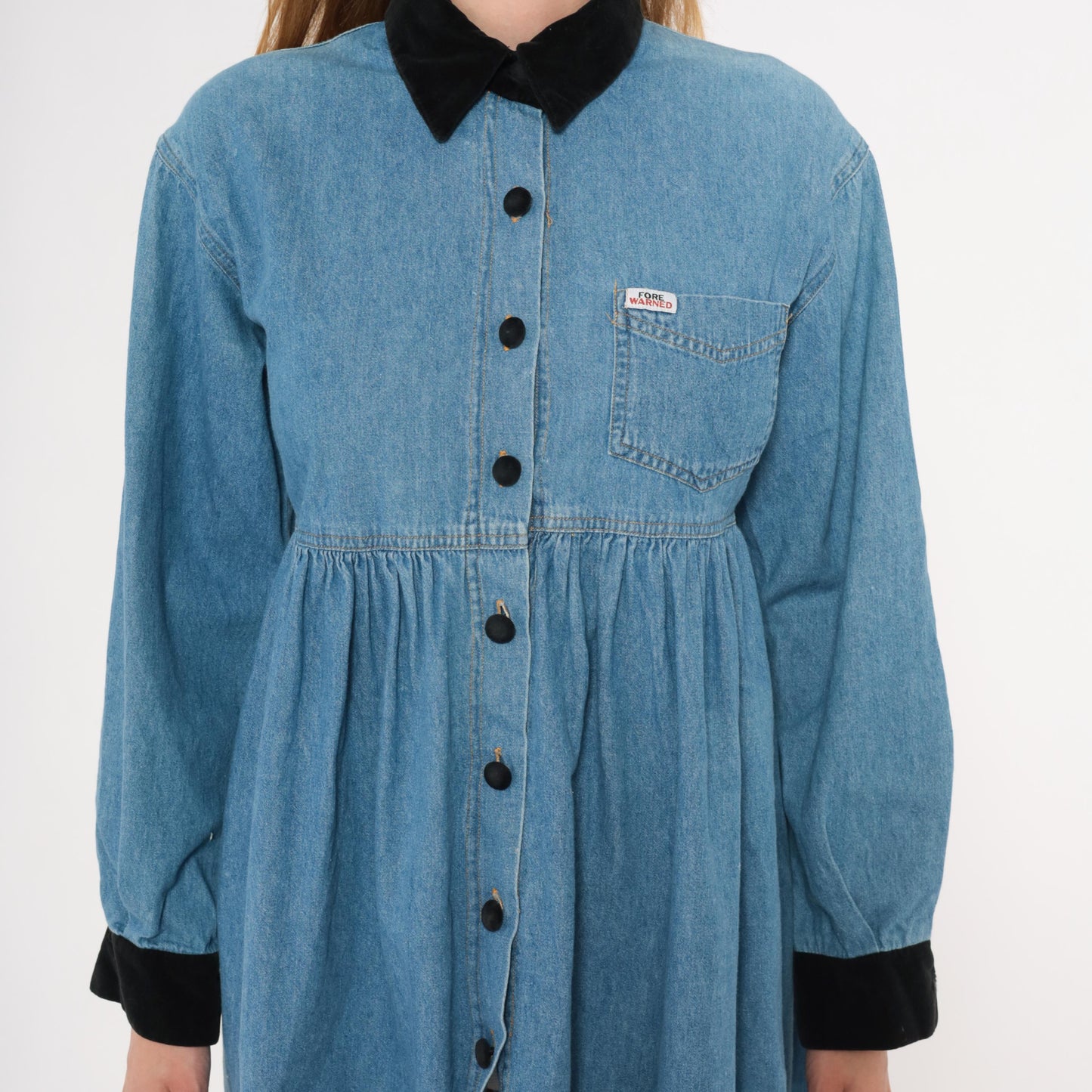 90s Forewarned Jeans Denim Babydoll Dress Black Velvet Collar Mini Small S