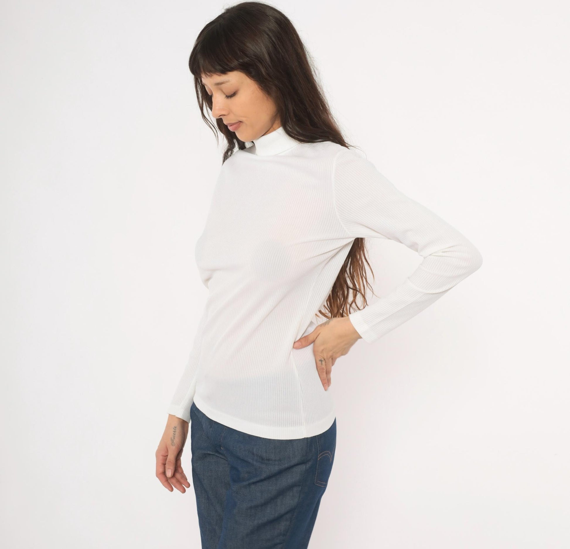 70s White Ribbed Mock Neck Top Long Sleeve Fitted Knit Zip Back Small