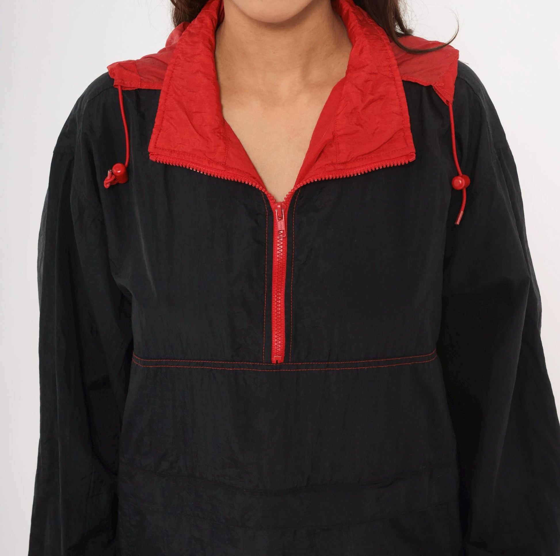 90s Black Red Colorblock Anorak Windbreaker Pullover Jacket Medium M