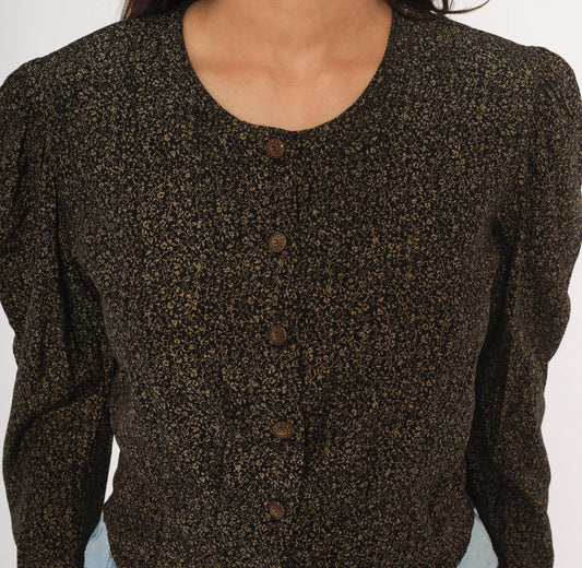 90s Maggie Lawrence Black Gold Ditsy Floral Puff Sleeve Blouse Small S