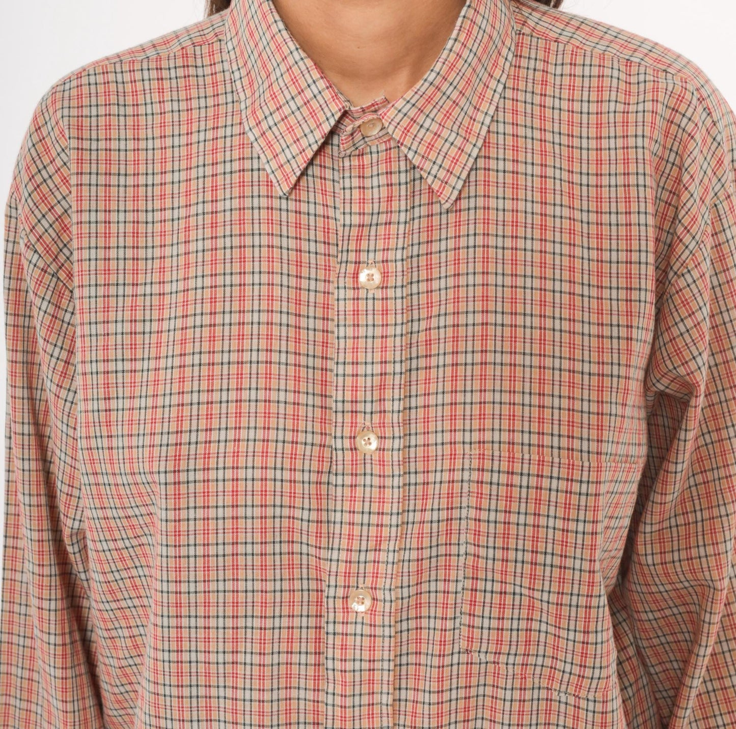 90s Plaid Button-Up Shirt Red Green Tan Check Cotton Point Collar Medium M