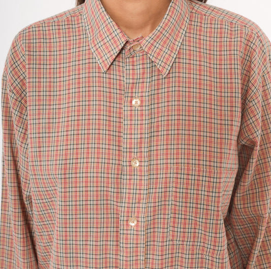 90s Plaid Button-Up Shirt Red Green Tan Check Cotton Point Collar Medium M
