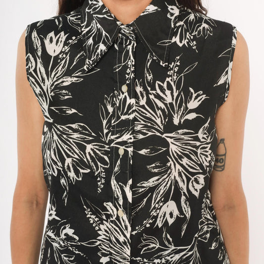 70s Black White Botanical Sleeveless Blouse Pointed Collar Tunic Medium