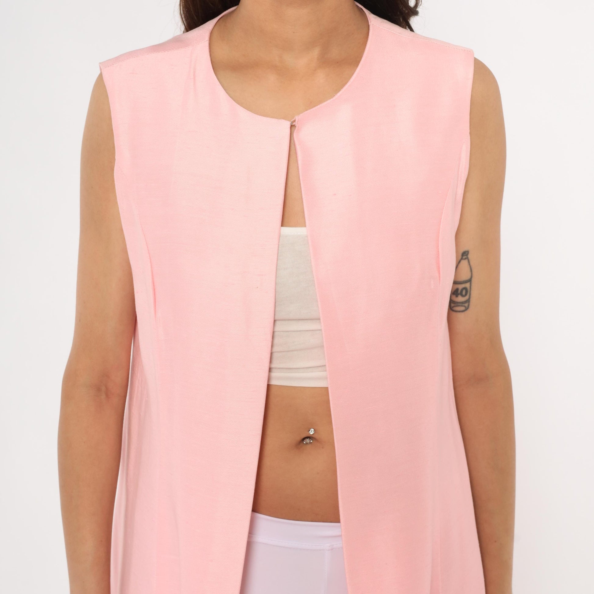 60s Pink Sleeveless Duster Vest Knee-Length Open Front Mod Small S