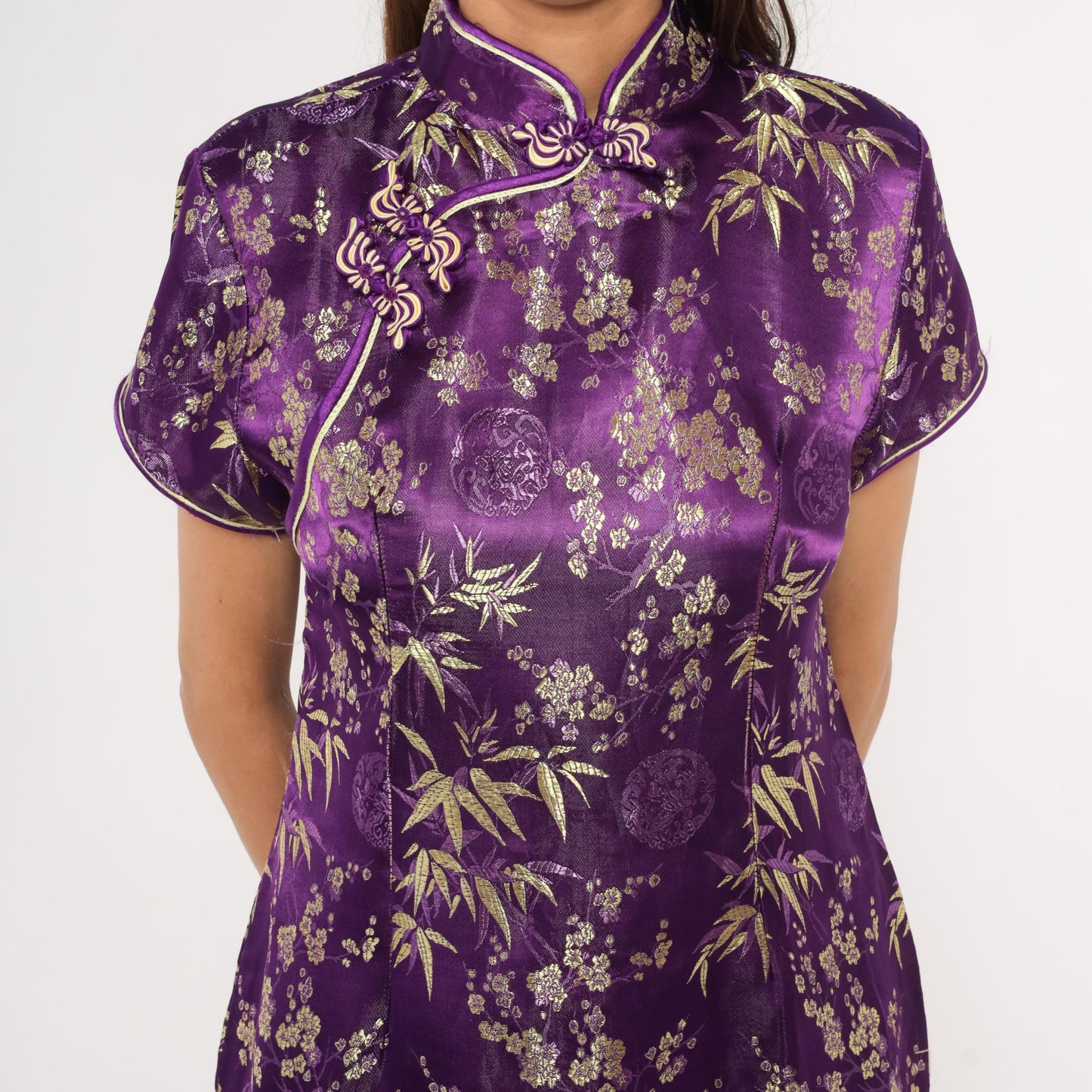 2000s Purple Gold Brocade Cheongsam Mandarin Collar Cap Sleeve Mini Small S