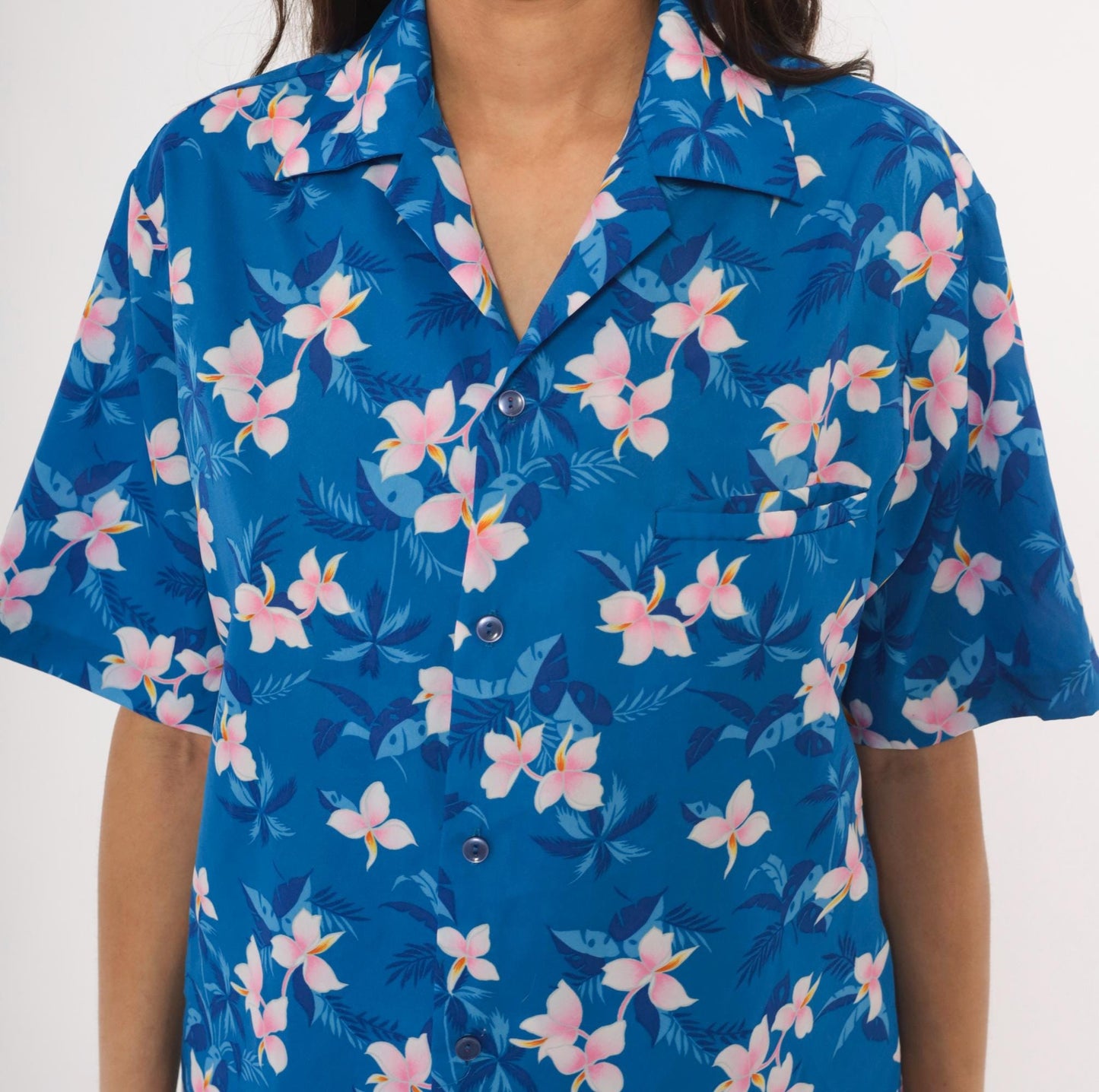 90s Hilo Hatties Hawaiian Shirt Blue Plumeria Floral Camp Collar Medium M