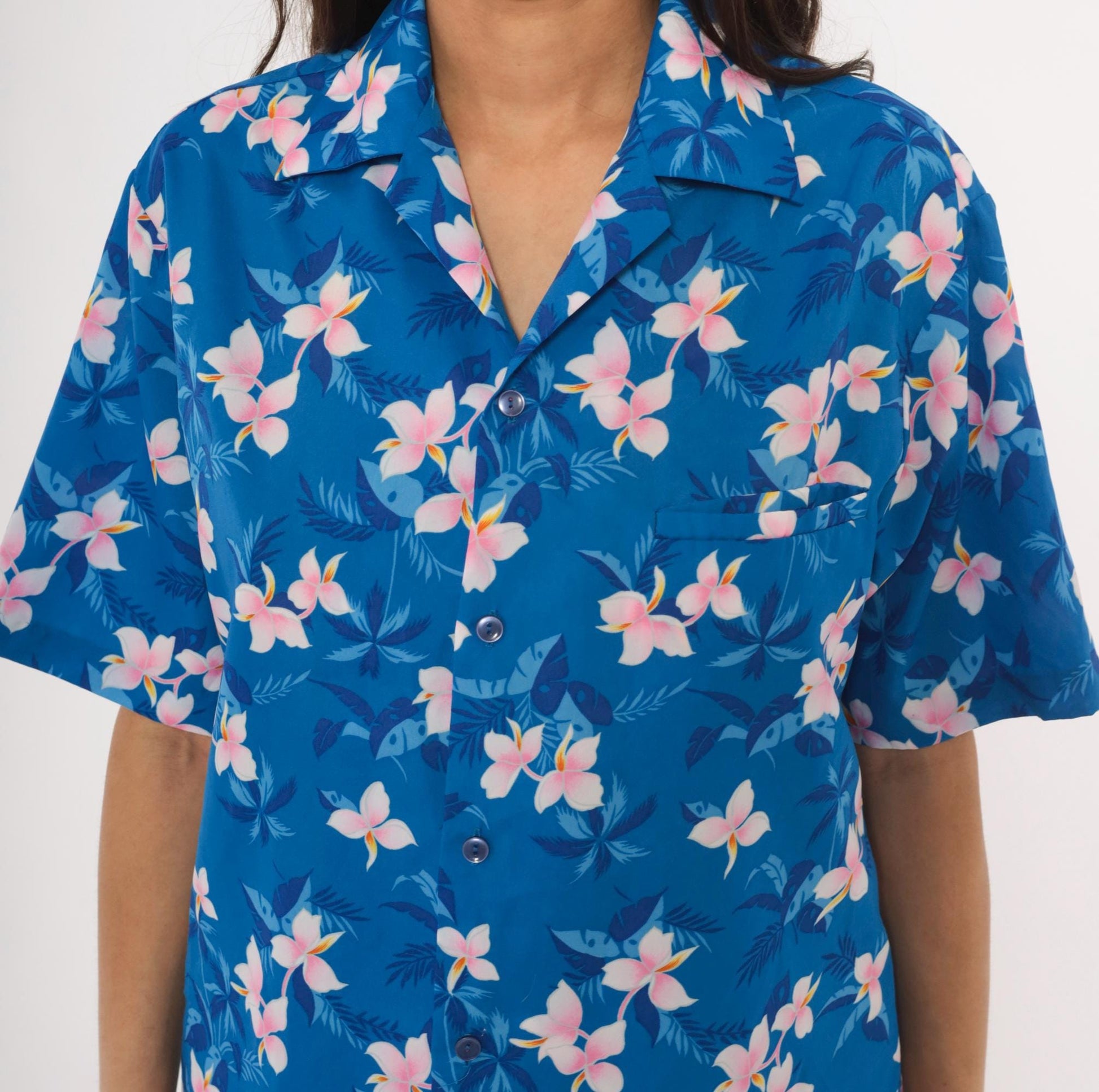 90s Hilo Hatties Hawaiian Shirt Blue Plumeria Floral Camp Collar Medium M