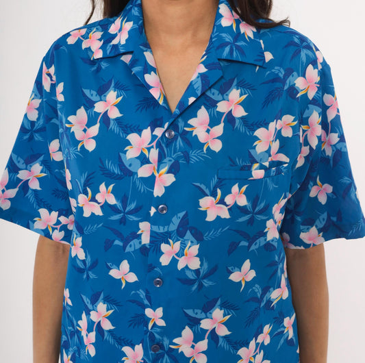 90s Hilo Hatties Hawaiian Shirt Blue Plumeria Floral Camp Collar Medium M