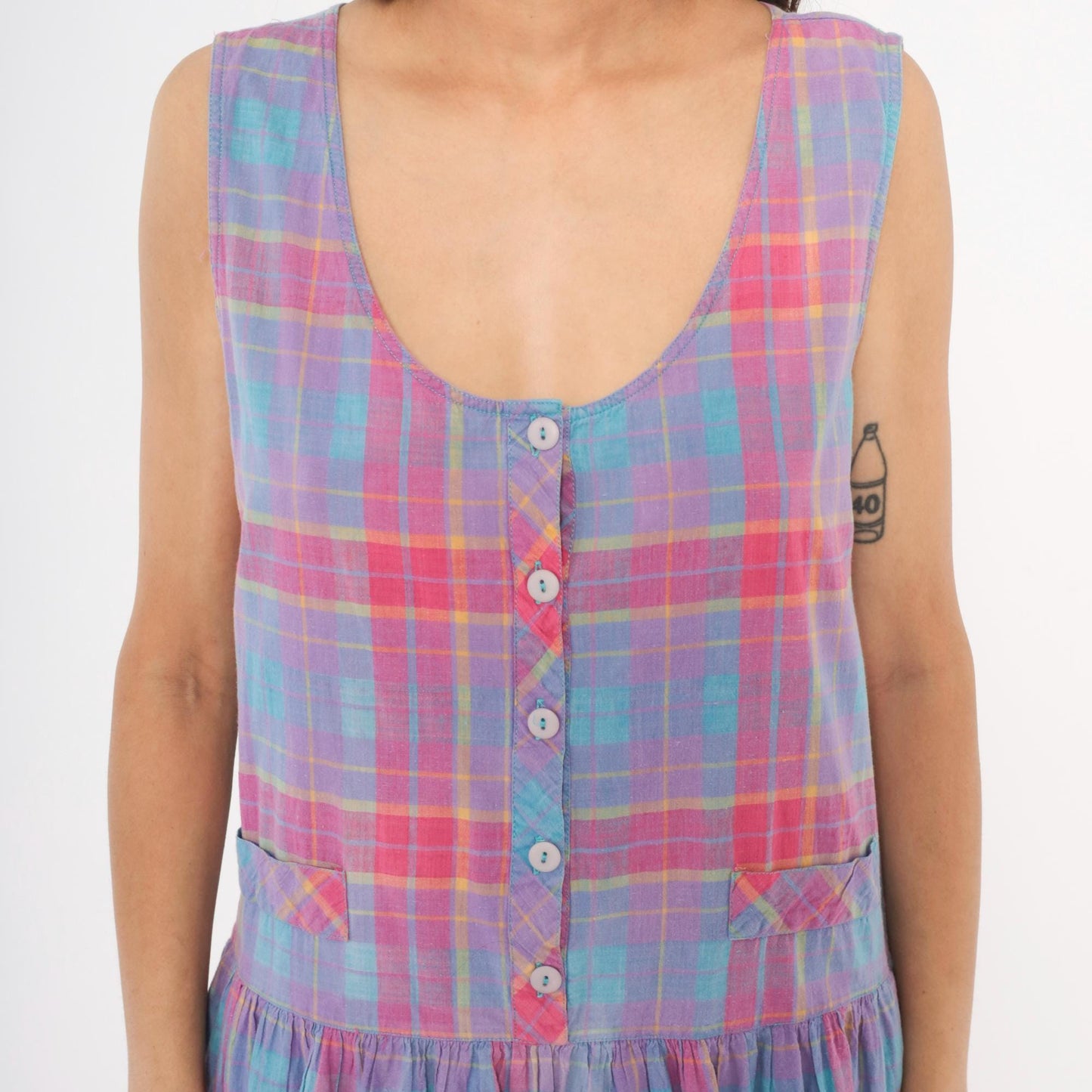 90s Victoria Plaid Cotton Midi Sundress Purple Pink Blue Large L