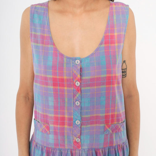 90s Victoria Plaid Cotton Midi Sundress Purple Pink Blue Large L