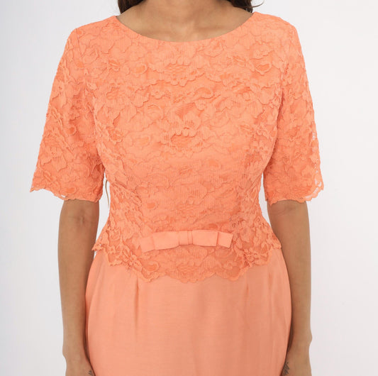 60s Sylvia Ann Peach Lace Peplum Dress Scalloped Half Sleeve Medium