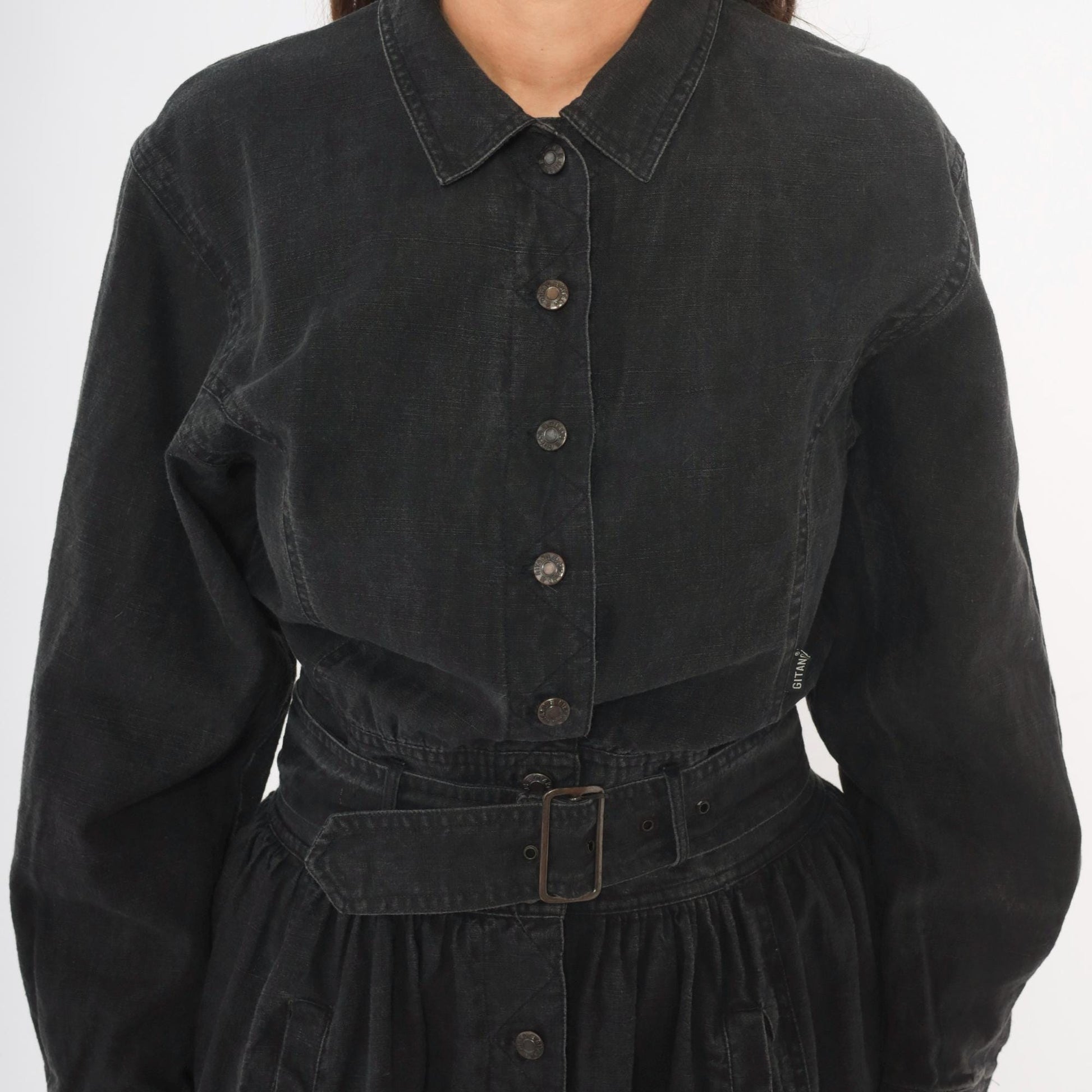 90s Gitano Black Denim Shirtdress Belted A-Line Gathered Skirt Medium M
