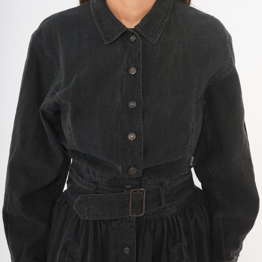 90s Gitano Black Denim Shirtdress Belted A-Line Gathered Skirt Medium M