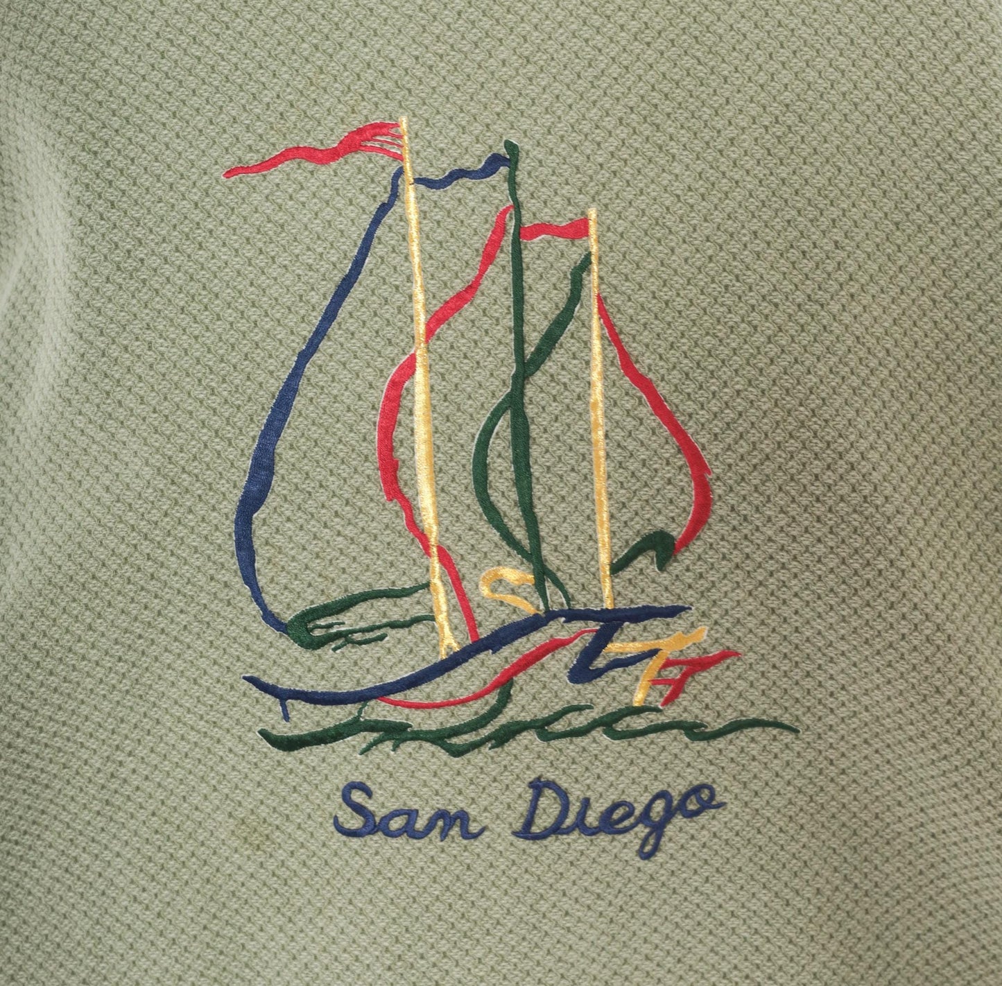 90s San Diego Sailboat Embroidered Waffle Knit Sweatshirt Olive Large L