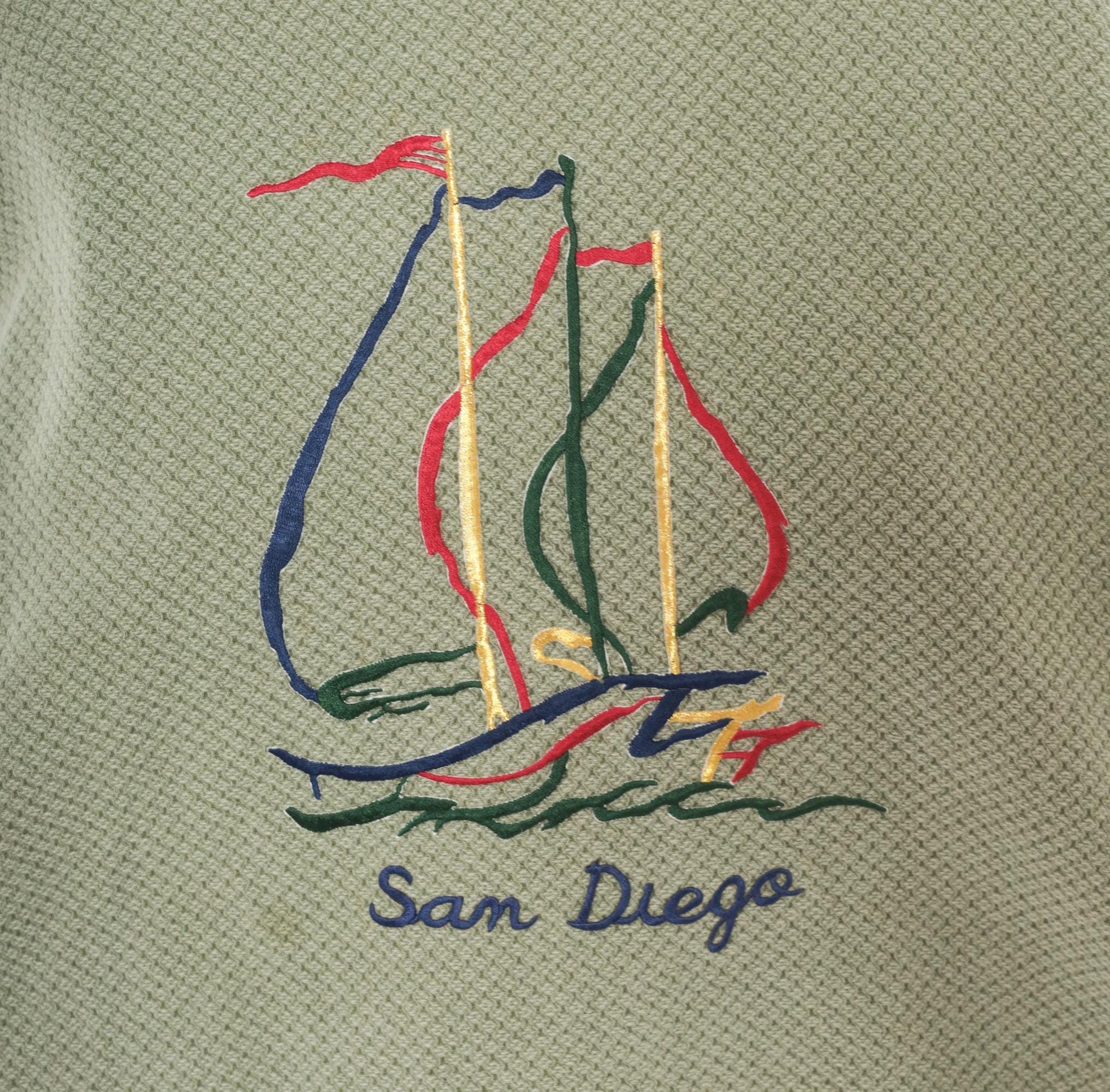90s San Diego Sailboat Embroidered Waffle Knit Sweatshirt Olive Large L