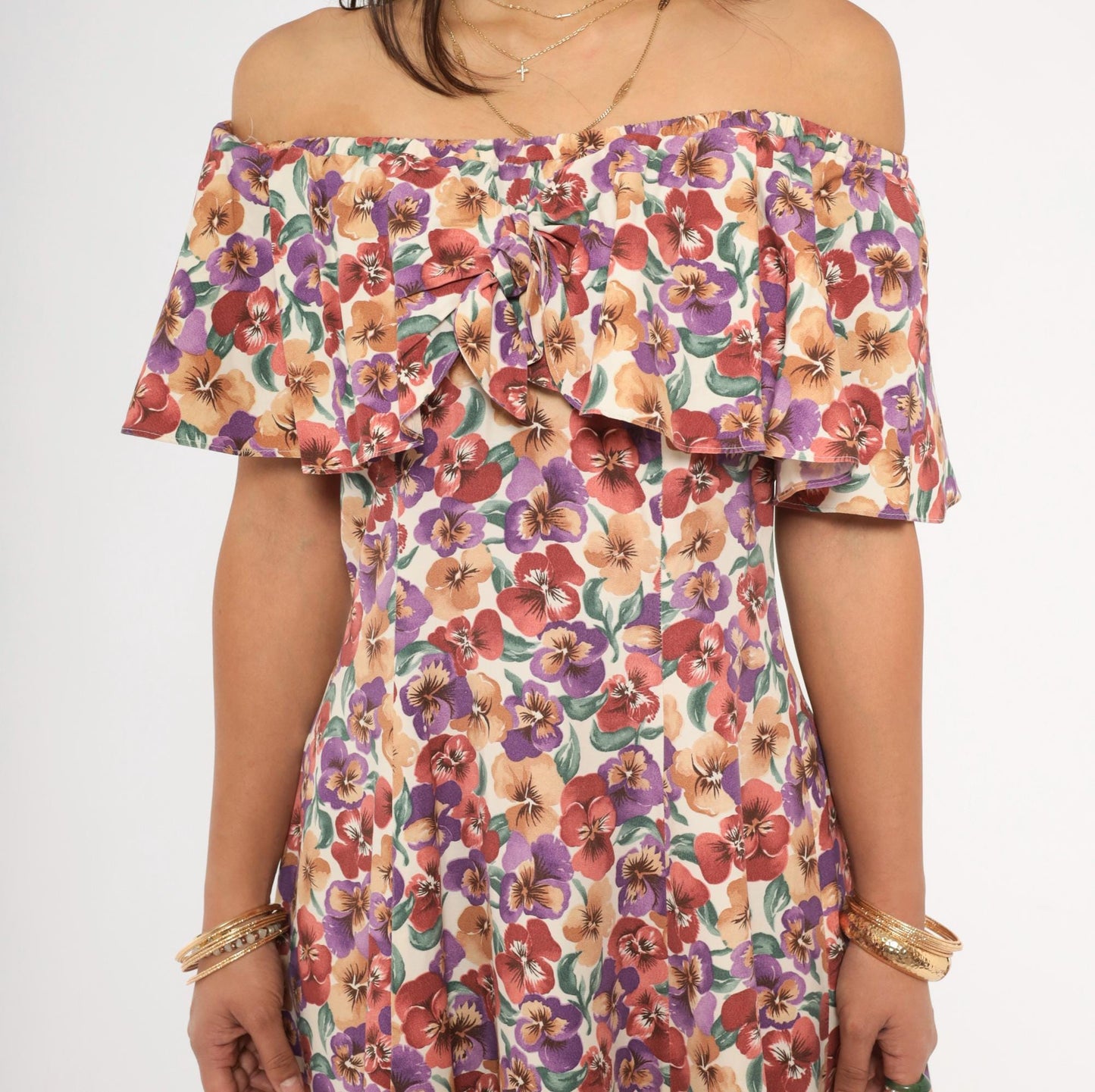 90s Rampage Pansy Floral Off-Shoulder Mini Dress Cream Small
