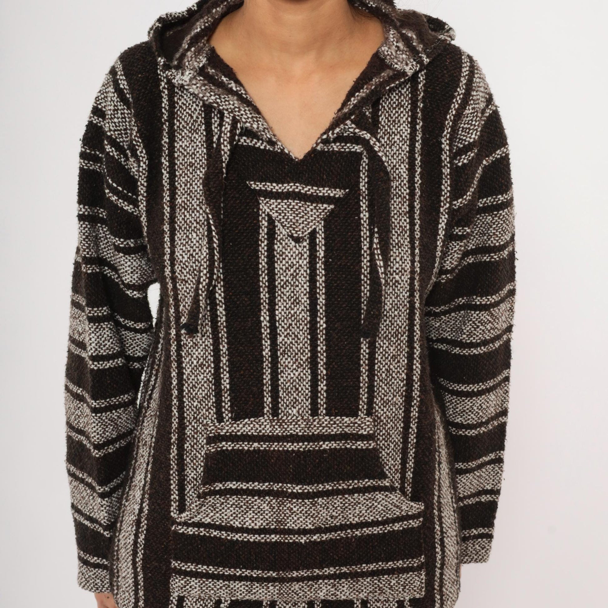90s Sandy Baja Hoodie Brown White Striped Woven Pullover Medium