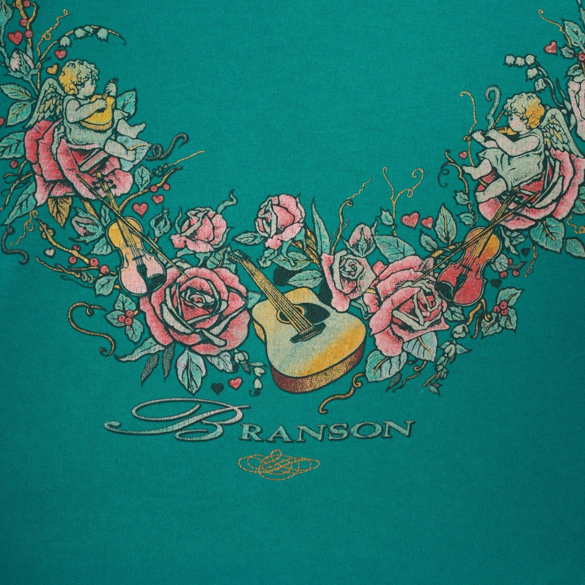 90s Branson Cherub Angel Roses Guitar Teal Cotton Graphic Tee Small