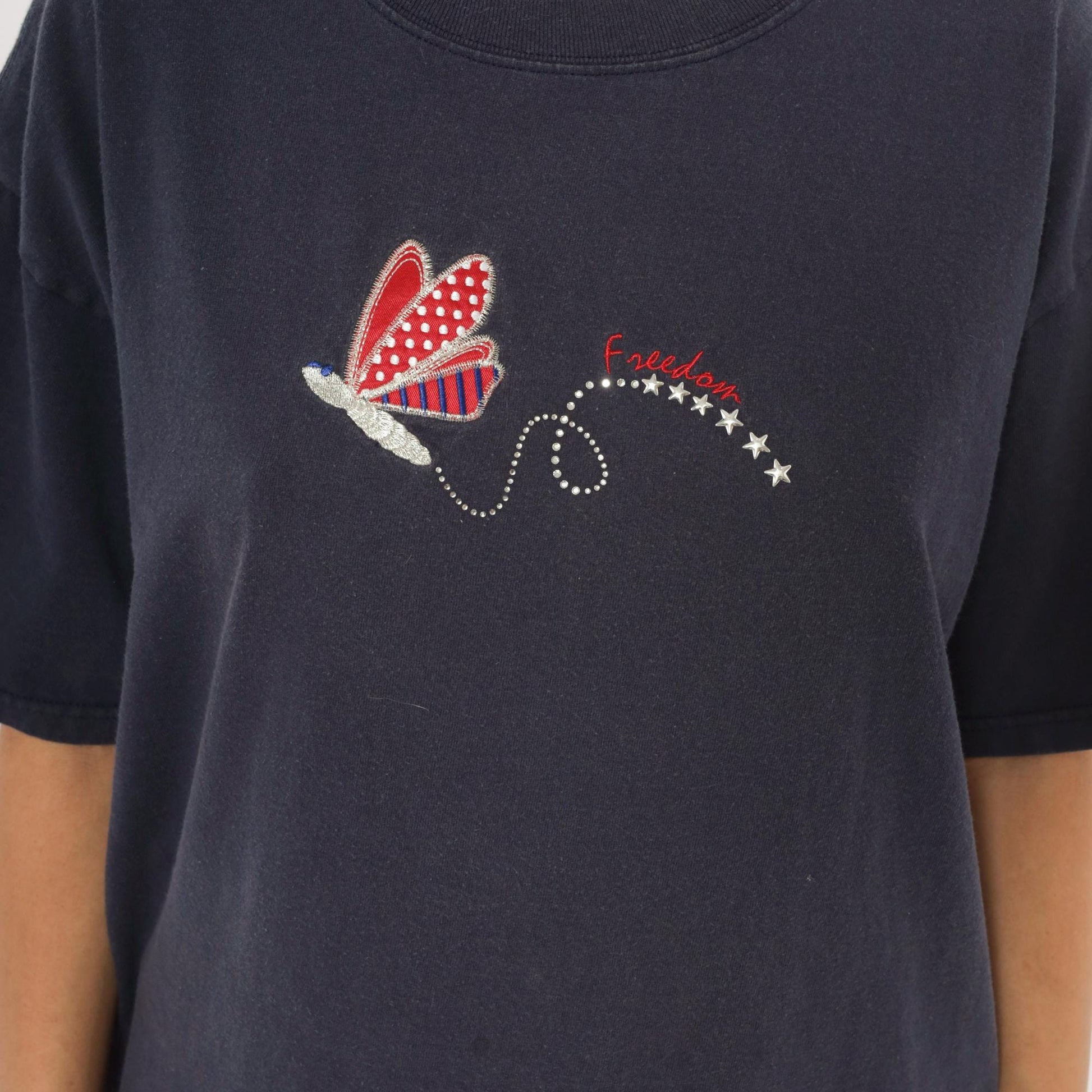 90s Mc Squared Energy Butterfly Embroidered Tee Navy Cotton Americana Stars Extra Large XXL