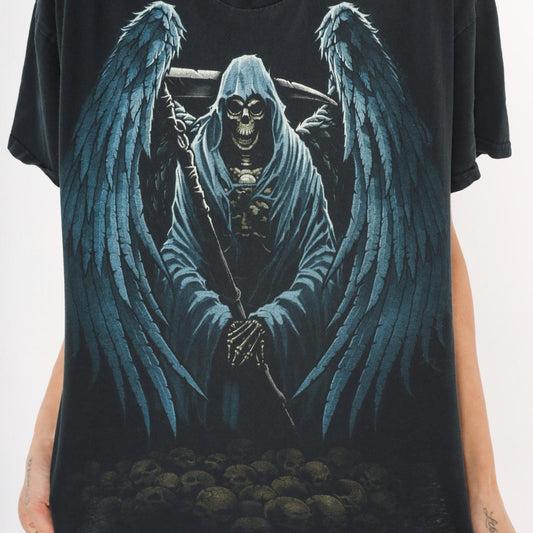 2000s Winged Grim Reaper Graphic Tee Black Cotton Gildan Large L