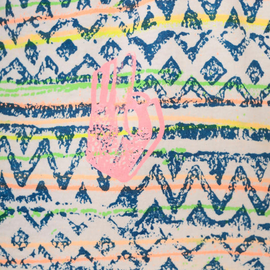 90s Sasson Tribal Print T-Shirt Neon Geometric White Navy Cotton Extra Large XL