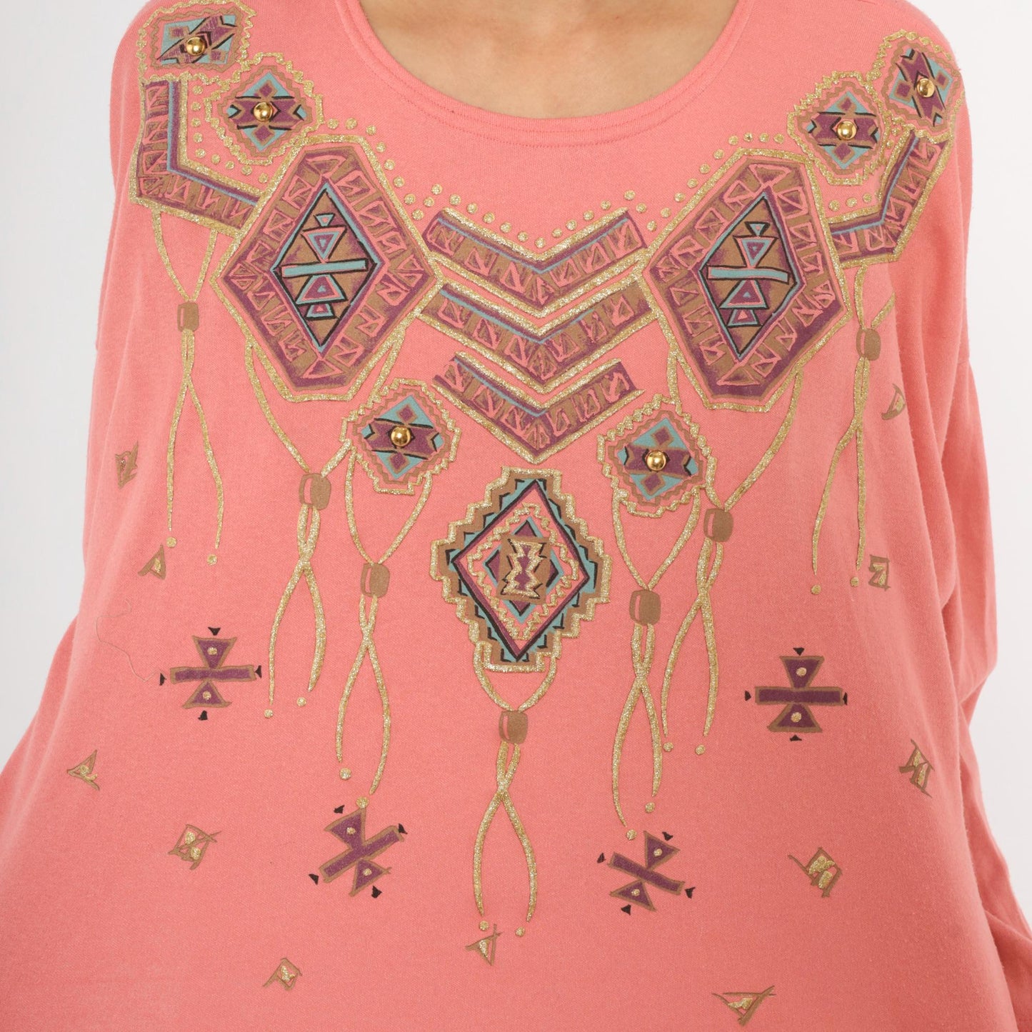 90s Sassy Sport Southwestern Crewneck Coral Pink Beaded Graphic Medium