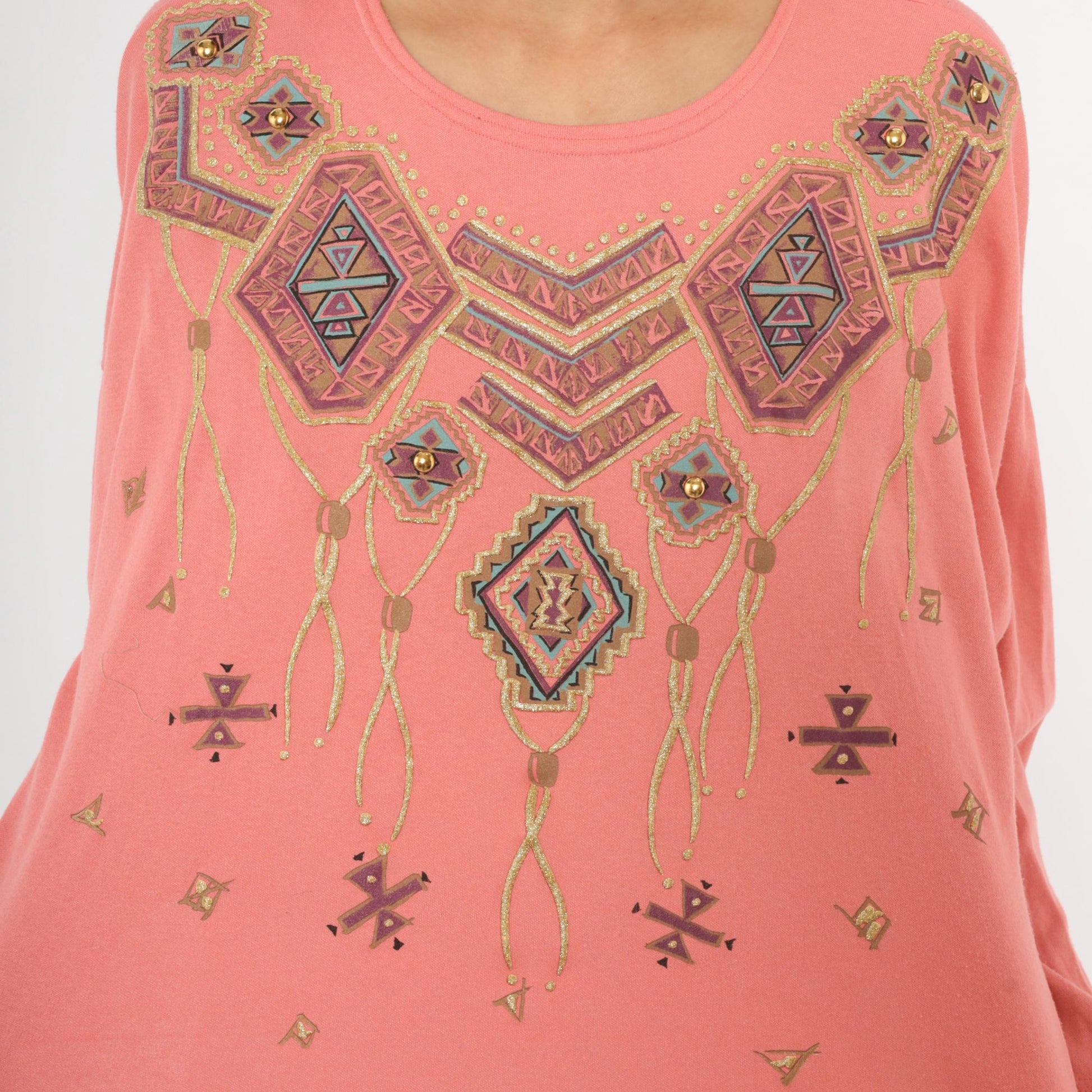 90s Sassy Sport Southwestern Crewneck Coral Pink Beaded Graphic Medium