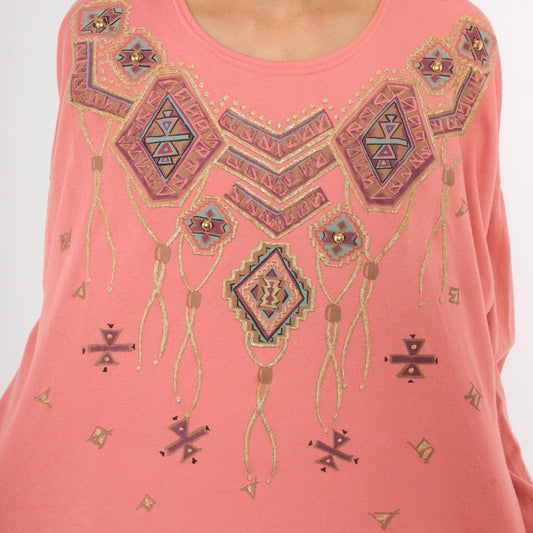 90s Sassy Sport Southwestern Crewneck Coral Pink Beaded Graphic Medium