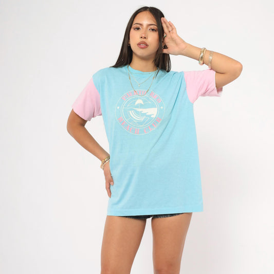 80s Puerto Rico Beach Club Colorblock Tee Baby Blue Pink Graphic Medium