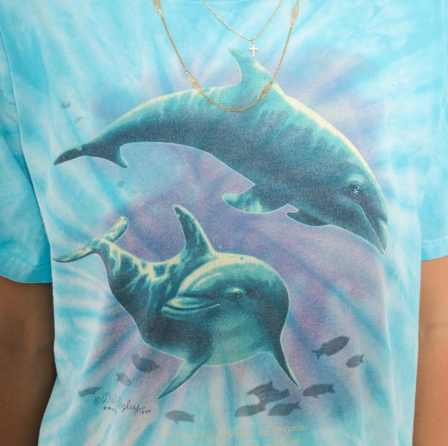 90s Anvil Tie Dye Dolphin Graphic Tee Aqua Purple Ocean Large L