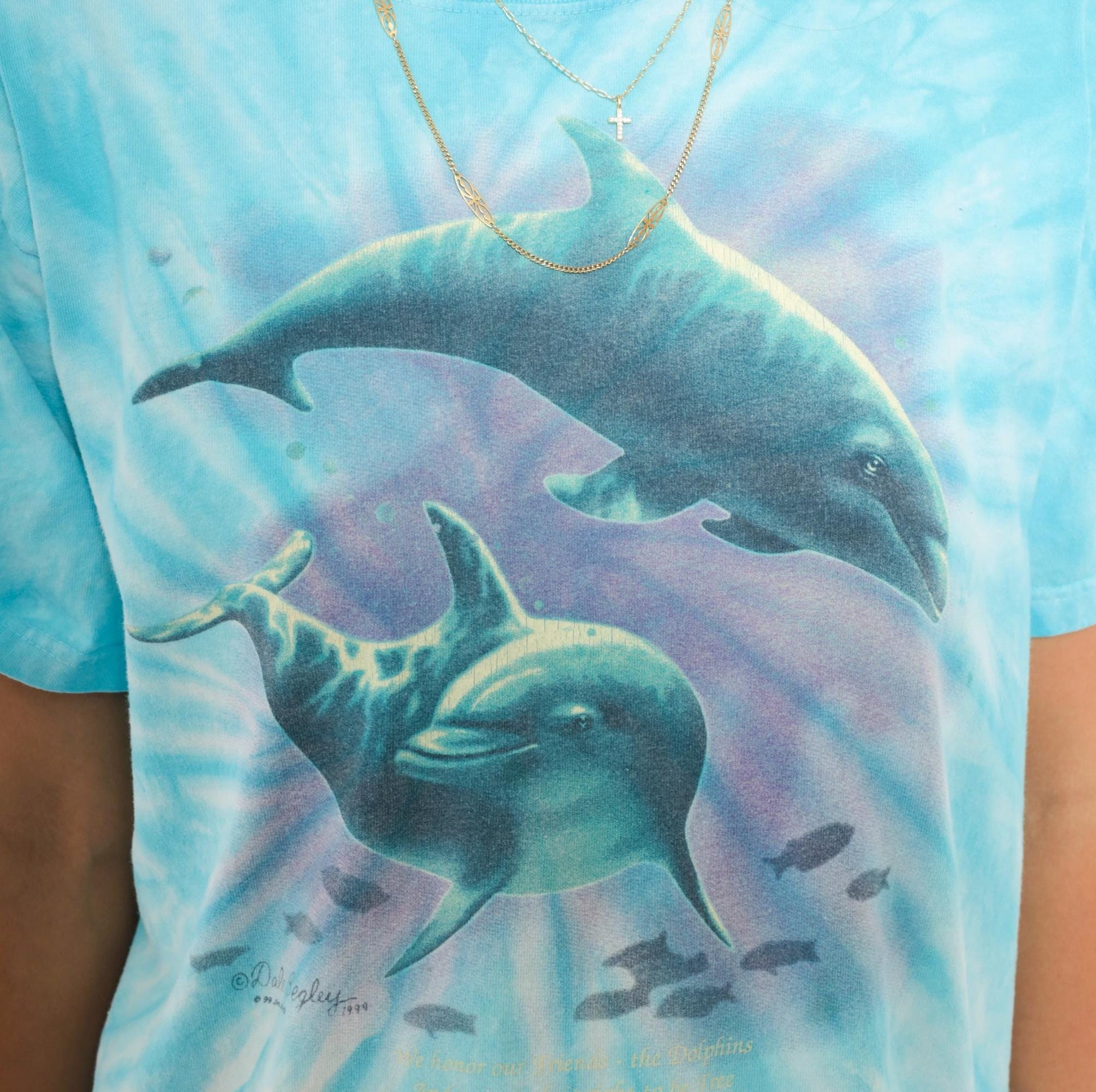 90s Anvil Tie Dye Dolphin Graphic Tee Aqua Purple Ocean Large L