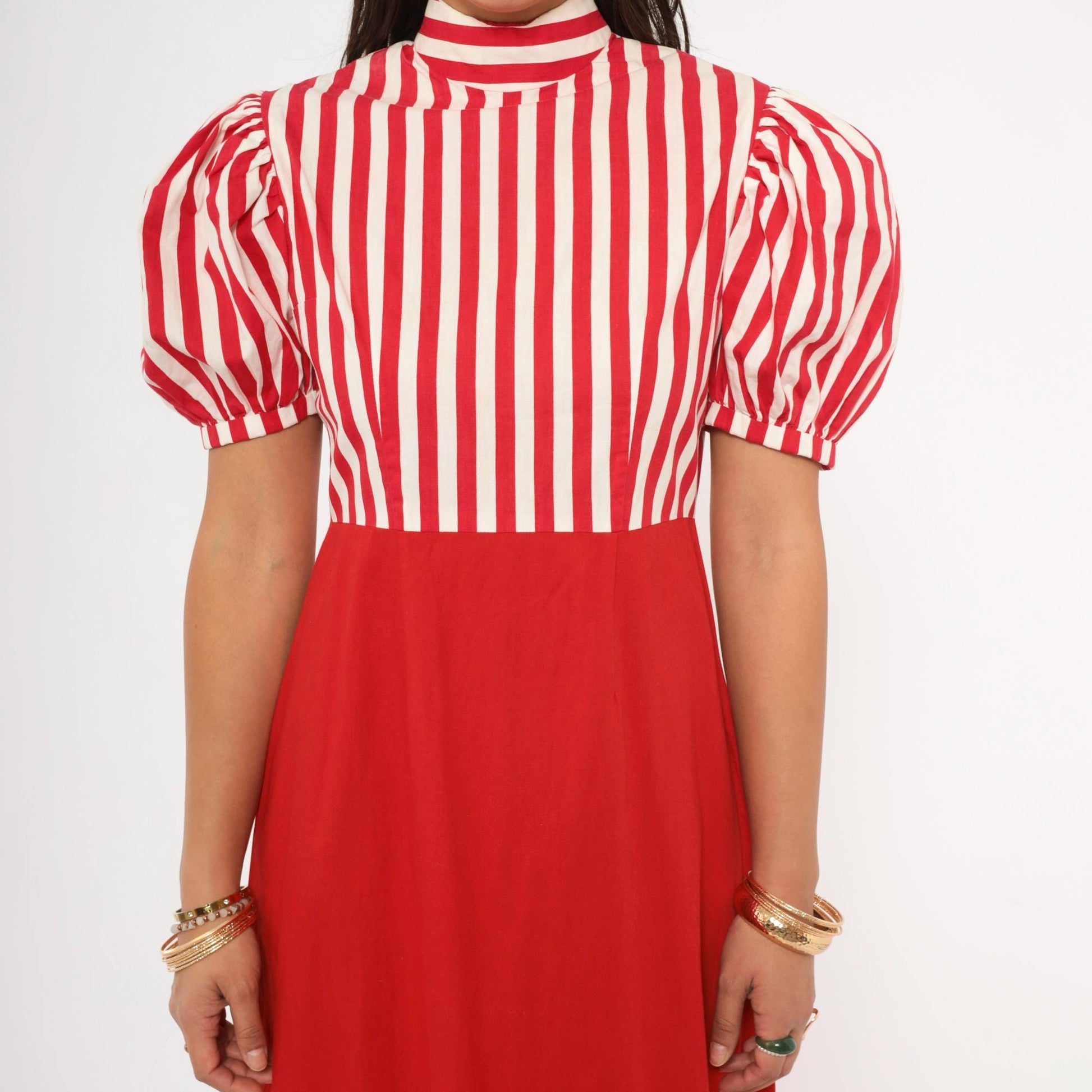 70s Red White Striped Cotton Maxi Dress Puff Sleeve Empire Waist Medium M