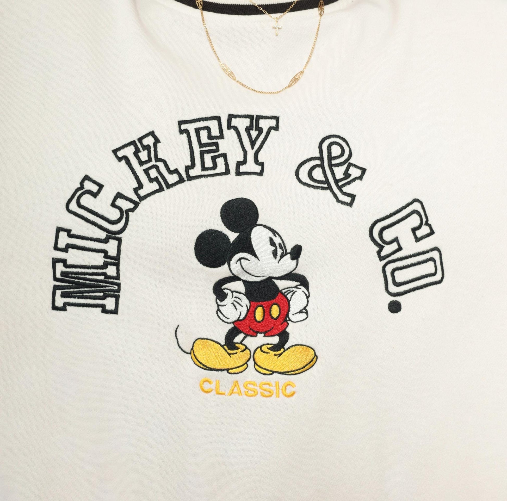 90s Mickey & Co Embroidered Crewneck Sweatshirt White Black Stripe Large