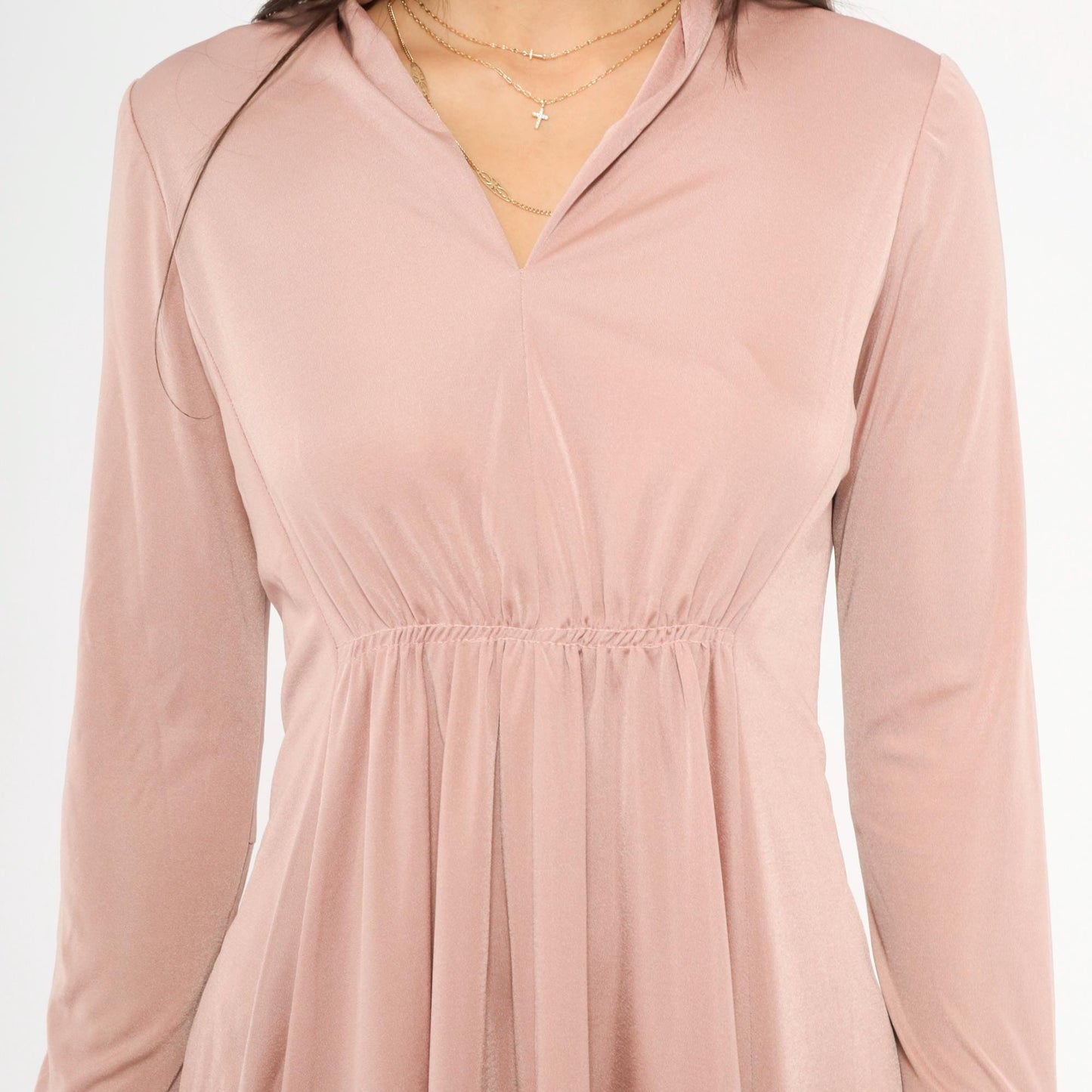 70s Mauve Mini Dress Long Sleeve V-Neck Gathered Waist A-Line Small S