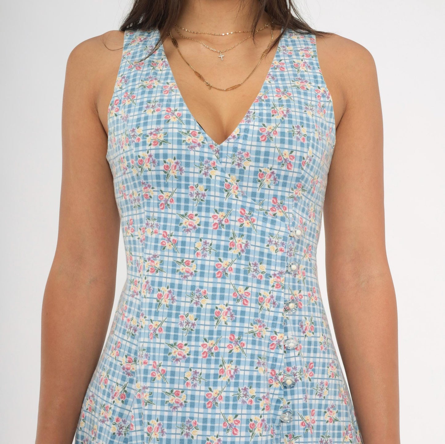 90s Blue Gingham Floral Playsuit Romper Mini Sleeveless Small S