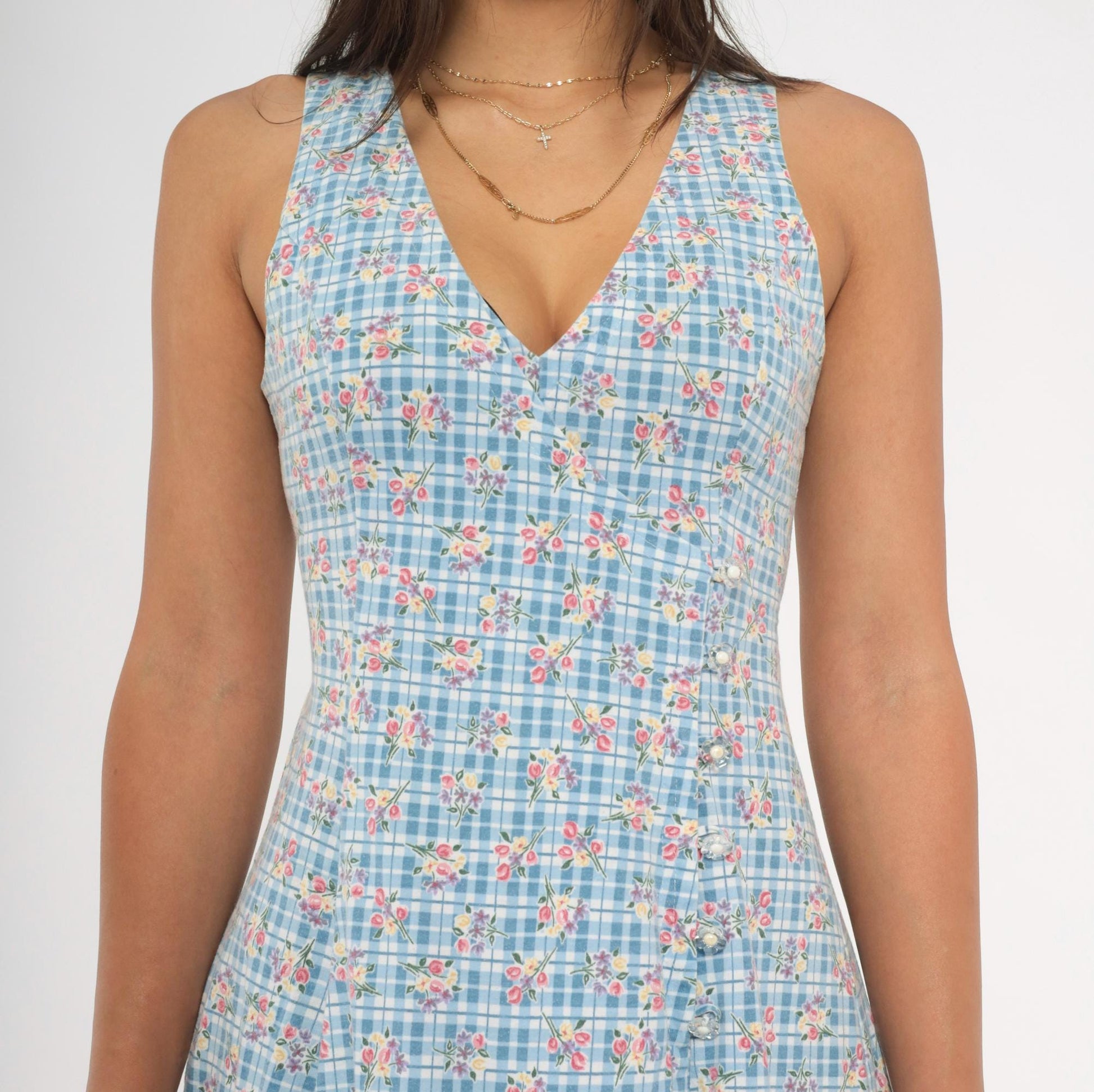 90s Blue Gingham Floral Playsuit Romper Mini Sleeveless Small S