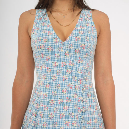 90s Blue Gingham Floral Playsuit Romper Mini Sleeveless Small S