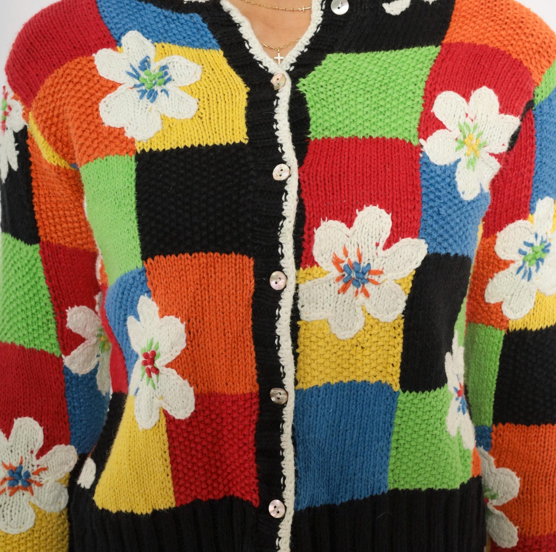 2000s Susan Bristol Patchwork Cardigan Colorblock Floral Applique Small S
