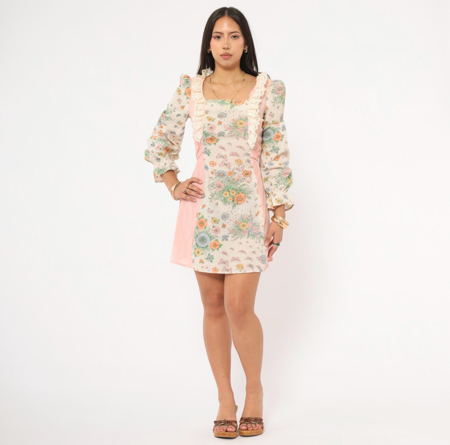 70s Floral Butterfly Mini Dress Pink Cream Puff Sleeve Square Neck Cotton Small