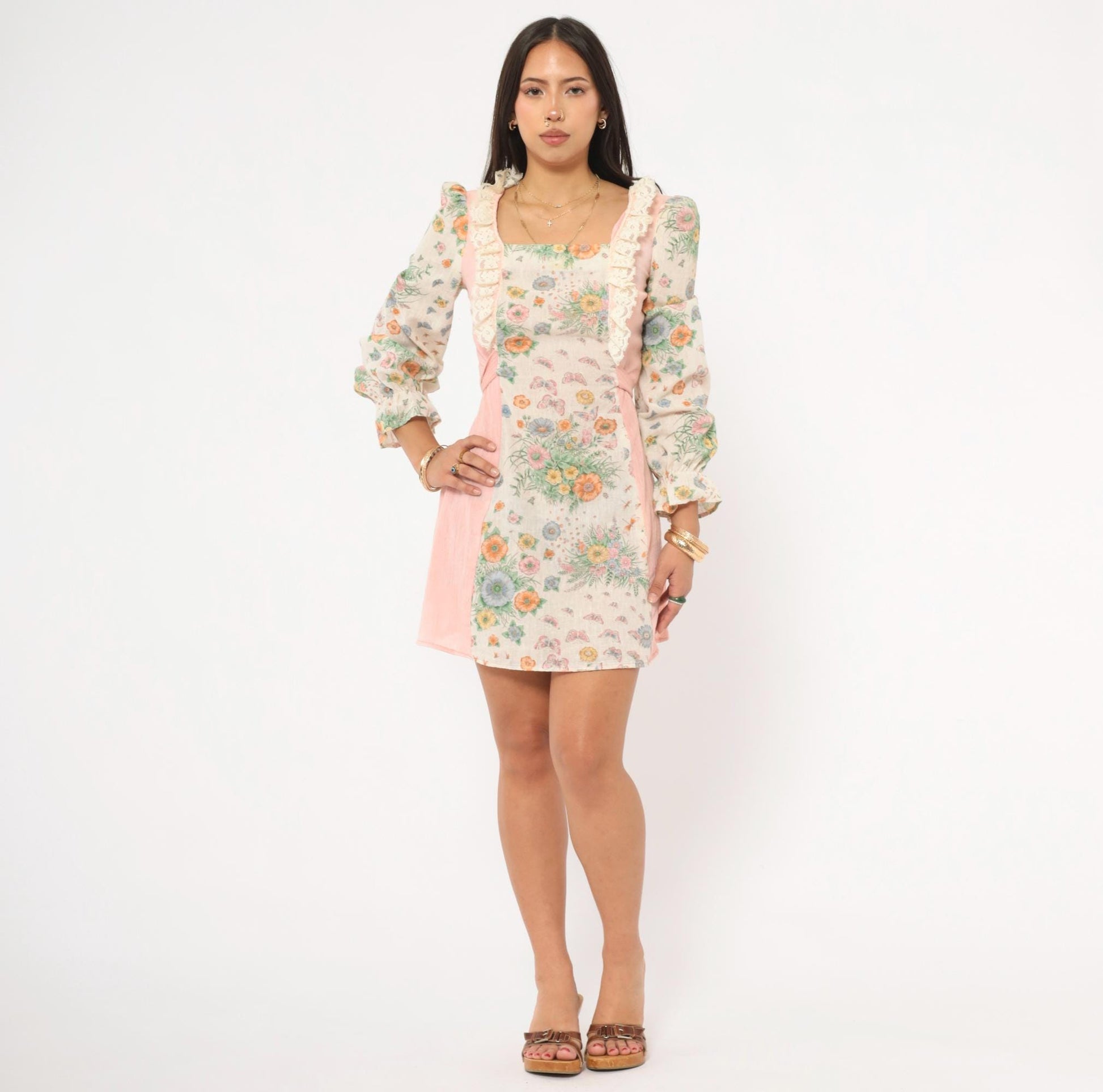 70s Floral Butterfly Mini Dress Pink Cream Puff Sleeve Square Neck Cotton Small